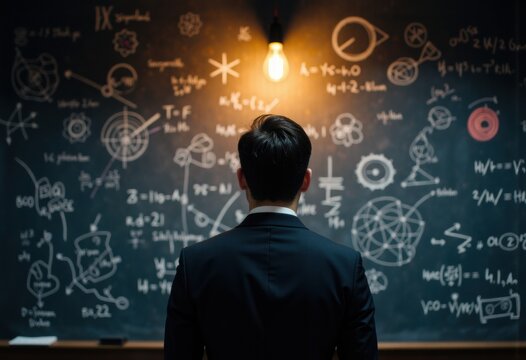 A man in a suit stands before a chalkboard filled with scientific equations - Powered by Adobe