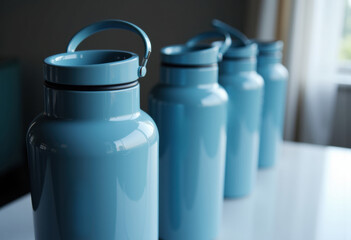 Four stylish blue water bottles lined up on a table