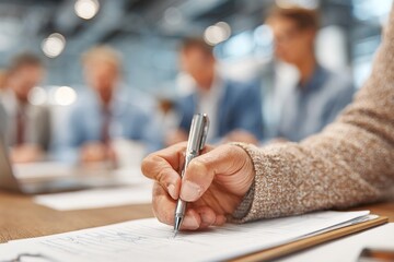 Collaborative Teamwork in a Group Meeting. a group of professionals engaged in a collaborative meeting. a person taking notes, emphasizing the importance of communication and documentation.