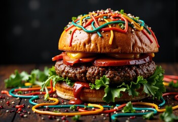 Colorful burger with toppings and sauces on a wooden table