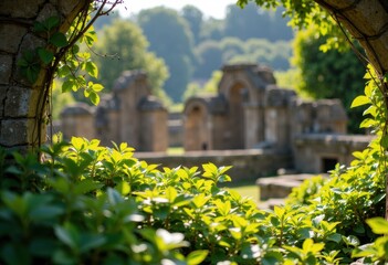 Lush green foliage frames ancient stone ruins in a scenic outdoor setting