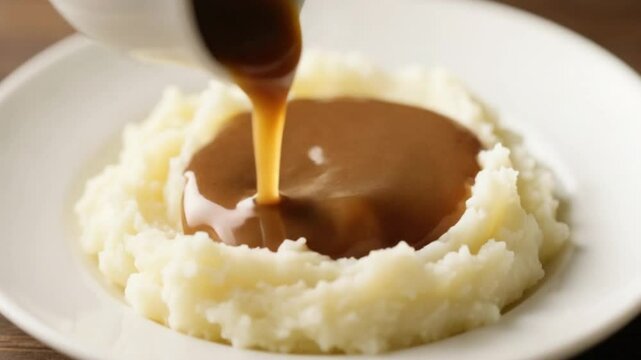 Delicious Creamy Mashed Potatoes Rich Brown Gravy Pouring Slow Motion Food Photography Thanksgiving Dinner Recipe Cooking Video Close Up Appetizing Gourmet Restaurant Style Home