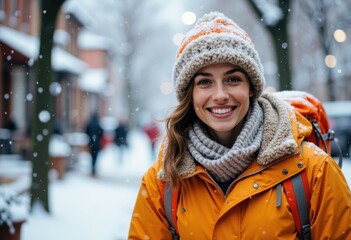 Happy woman in winter outdoor setting wearing orange jacket and knit hat with snow falling