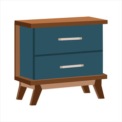 Mid Century Modern Blue Wooden Nightstand Vector Illustration – Retro Furniture Drawer Cabinet, Minimalist Side Table for Bedroom Interior, Flat Design Storage Object, Isolated on White Background

