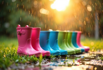 Colorful rain boots lined up in the sunlight after a refreshing rain