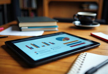 Digital tablet displaying business charts on a wooden desk with notebooks and coffee cups
