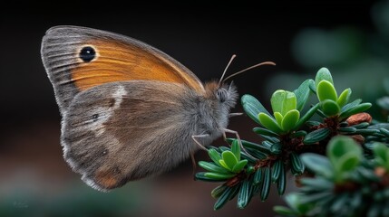 Close-up of a butterfly perched on a green plant with a dark background