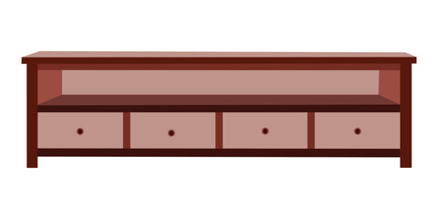 Modern Wooden TV Stand with Four Drawers and Open Shelf, Minimalist Entertainment Console for Living Room Storage, Contemporary Furniture Isolated on White Background Illustration

