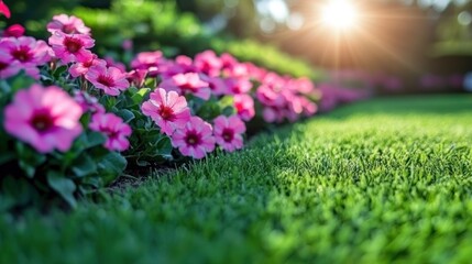 Obraz premium Pink flowers bloom by green grass in sunlight