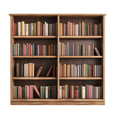 Books on a wooden shelf on transparent background