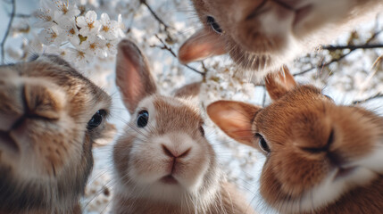 Cute rabbits looking curiously upward amidst blooming cherry blossoms in spring