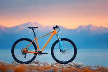 Obraz premium Orange and Blue Mountain Bike at Sunset by Still Water