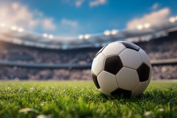 Clean football on grass with fans in the background—this image perfectly conveys the energy of a match, great for banners and promotional design.