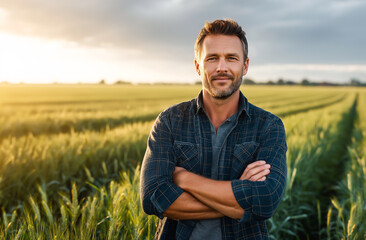 Confident farmer stands tall in a wheat field, arms crossed, sunlit sky behind—shot on wide-angle lens for bold, organic farming portrait.
