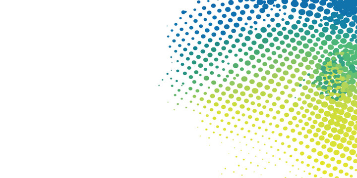 Abstract halftone pattern of varying shades of teal, green, and yellow circles on a white background