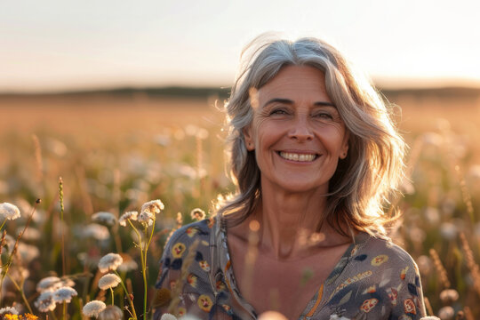 Smiling mature woman standing in a sunny field of wildflowers, embracing nature and enjoying a peaceful moment.