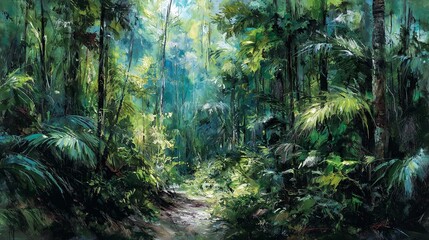 Fototapeta premium Peaceful winter landscape oil painting with snow-covered fields and distant mountains, created with soft textured brushstrokes, evoking calmness and natural serenity