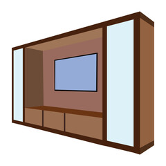 Modern Entertainment Wall Unit with Glass Display Panels and TV Space, Contemporary Wooden Media Console for Living Room, Isolated on White Background Illustration

