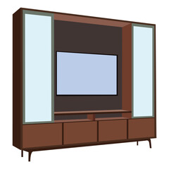 Modern Entertainment Wall Unit with Glass Display Panels and Five Storage Drawers, Contemporary Wooden TV Console for Living Room, Isolated on White Background Illustration

