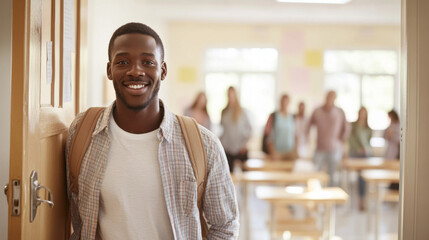 Young african american man entering classroom with students in background