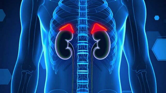 3D medical animation of adrenal glands above kidneys, showing inflammation and pulsation. Highlighted in red to indicate stress or hormone imbalance. Ideal for anatomy and health videos