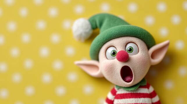 Green elf with a red nose and a green hat is looking surprised. The image has a festive and playful mood, as it is a representation of a Christmas character