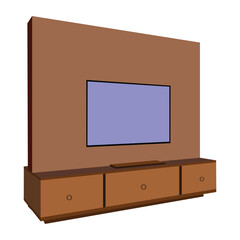 Modern Wooden TV Stand with Wall Panel and Flat Screen Television, Minimalist Entertainment Console for Living Room Interior, Isolated on White Background

