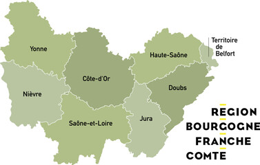 Naklejka premium Carte région Bourgogne Franche Conté, Yonne, Côte-d'Or, Doubs, Jura, Nièvre, Haute-Saône, Saône-et-Loire, Territoire de Belfort