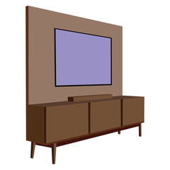 Modern Wooden TV Stand with Wall Panel and Flat Screen Television, Minimalist Entertainment Unit Isolated on White Background, Contemporary Living Room Furniture Illustration

