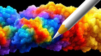 Bright colorful cloud with a pencil creating vibrant artistic effects on a black background