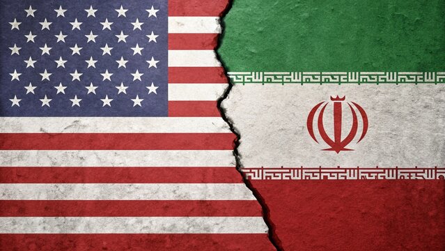iran vs usa political tension concept with broken flags representing strained international relations