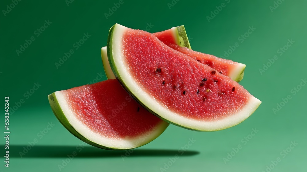 Poster watermelon is sliced into three pieces and is resting on a green surface. the slices are positioned 
