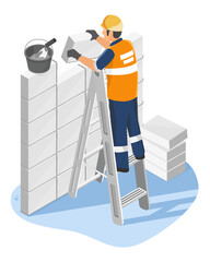 Construction worker building a wall with lightweight concrete blocks using mortar while standing on a ladder for elevated installation isometric © AllahFoto