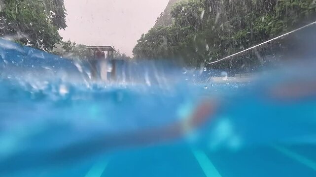 Raindrops falling in the swimming pool. Clean swimming pool.
