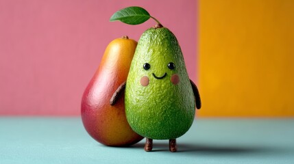 Cartoon avocado is standing next to a pear. The avocado is smiling and the pear is looking sad