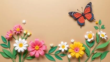 Naklejka premium Colorful flowers and a butterfly on a textured background.