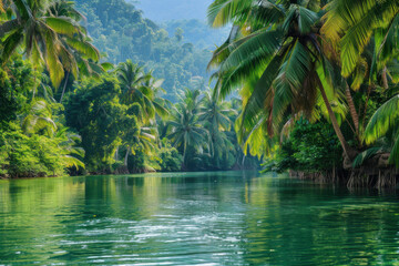 Lush tropical stream flowing through vibrant greenery and rocks, creating a serene and natural landscape.