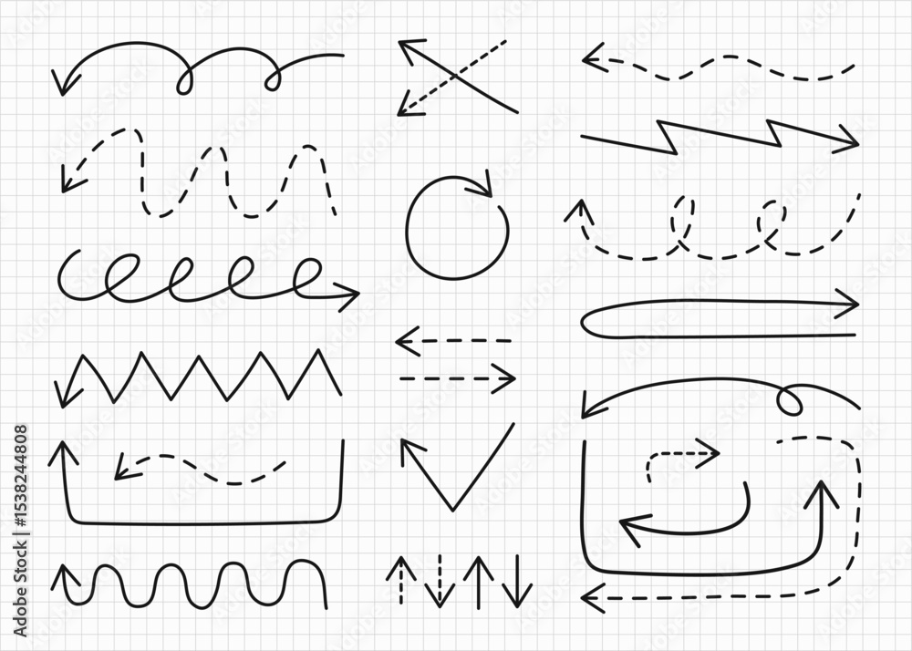Aufkleber doodle arrows set. hand drawn pointers on white background. thin long dotted elegant minimalistic ed