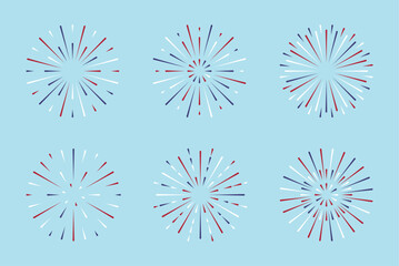 Fireworks USA flat style set. Fourth of July with a red white blue stars and sparks. United states of america independence day firecracker. Simple explosion.