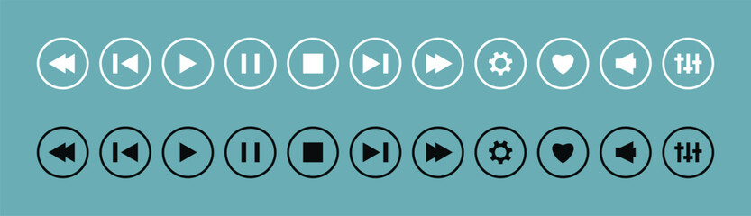 Music Player icon set with play, pause, next, previous like and settings symbol in black and white color with editable stroke. Media Audio device Buttons. Ui playback display sing.