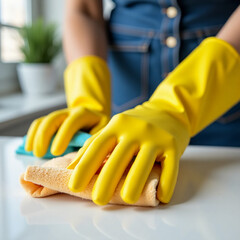 Hands in bright yellow rubber gloves diligently clean kitchen countertops with a soft cloth and sponge, showcasing an organized and inviting cooking space during daylight Generative AI