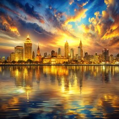 Obraz premium painterly skyline gold foil light reflections water, gold foil reflections painterly skyline water