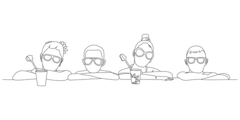 Kids Drinking Smoothie by the Pool – Minimalist Continuous Line Vector Illustration