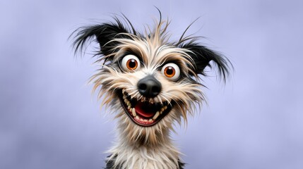 Naklejka premium Cartoon dog with a big smile on its face. The dog is wearing glasses and has a messy, unkempt appearance