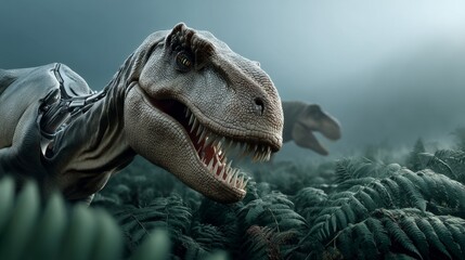 A sleek Velociraptor with robotic legs fleeing from a powerful T-Rex in dense foliage