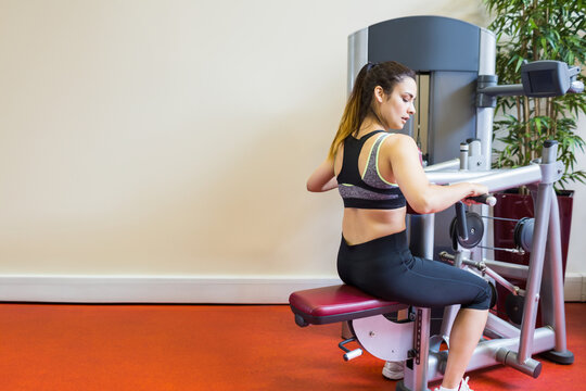 Fototapeta Chest-supported rowing machine resting against beige wall on red rubber flooring, with potted plant