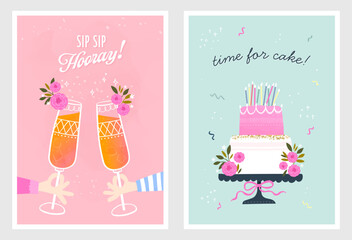 Set of birthday postcards with  confetti, balloons, cocktail, cake and hand writing. Invitations, happy birthday. Vector templates great for card, poster, flyer or banner