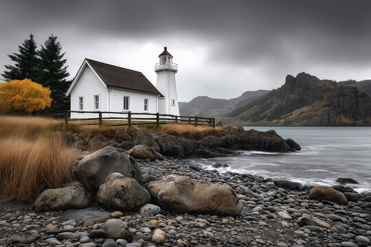 Coastal Lighthouse: A picturesque view of a coastal lighthouse under a cloudy sky, the building stands on a rocky shore next to the sea with mountain in background.