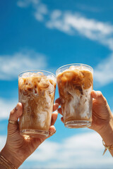 Two hands toasting iced coffee drinks under a bright blue sky.