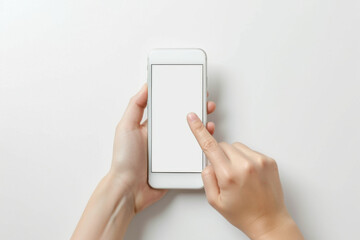Hands holding smartphones with blank screens, showcasing different display colors, isolated on white background.